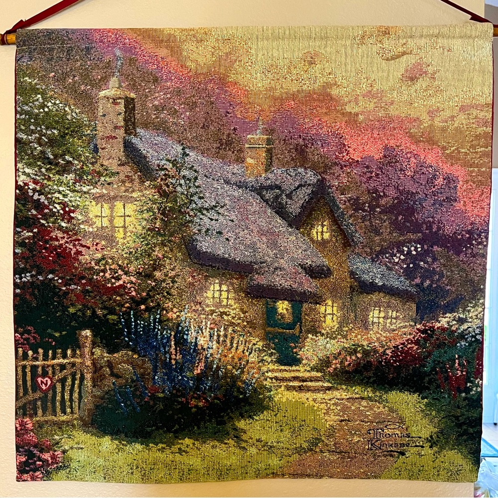 ✨ Vintage Thomas Kinkade tapestry Made in U.S.A. titled “Glory of Evening” ✨